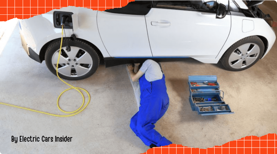 Electric vehicle maintenance tips - A technician inspecting an electric car in a garage